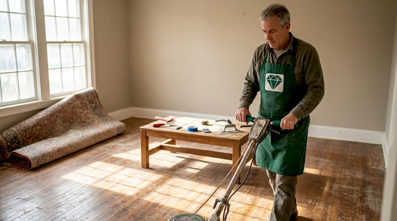 Floor specialist restoring living room hardwood