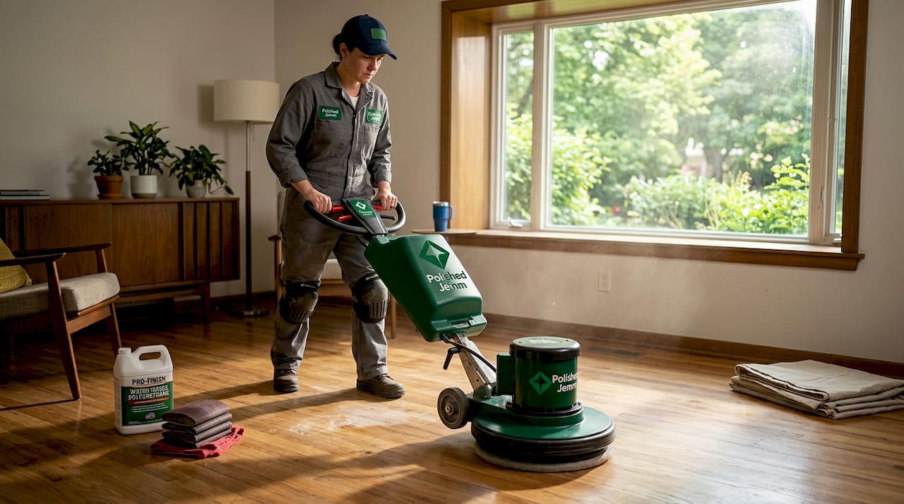 Professional screening hardwood floor in living room