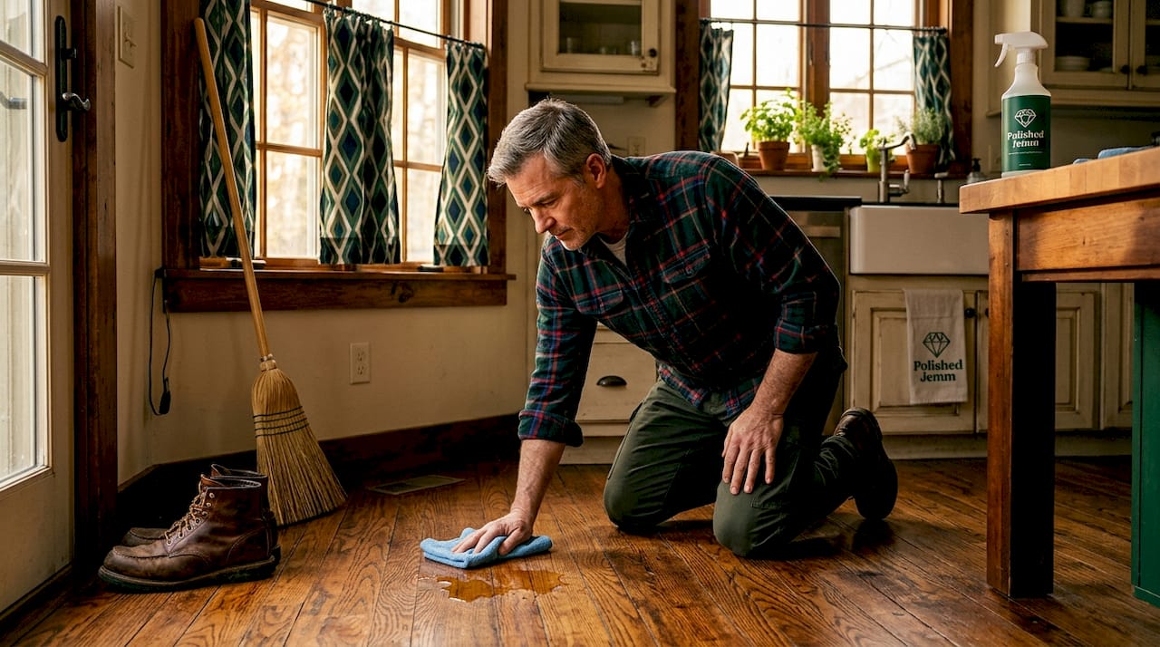 Homeowner maintaining hardwood floor in living room
