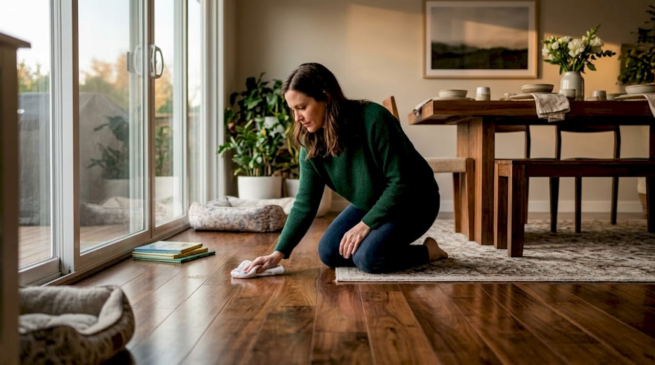 Homeowner caring for hardwood floor in sunny room
