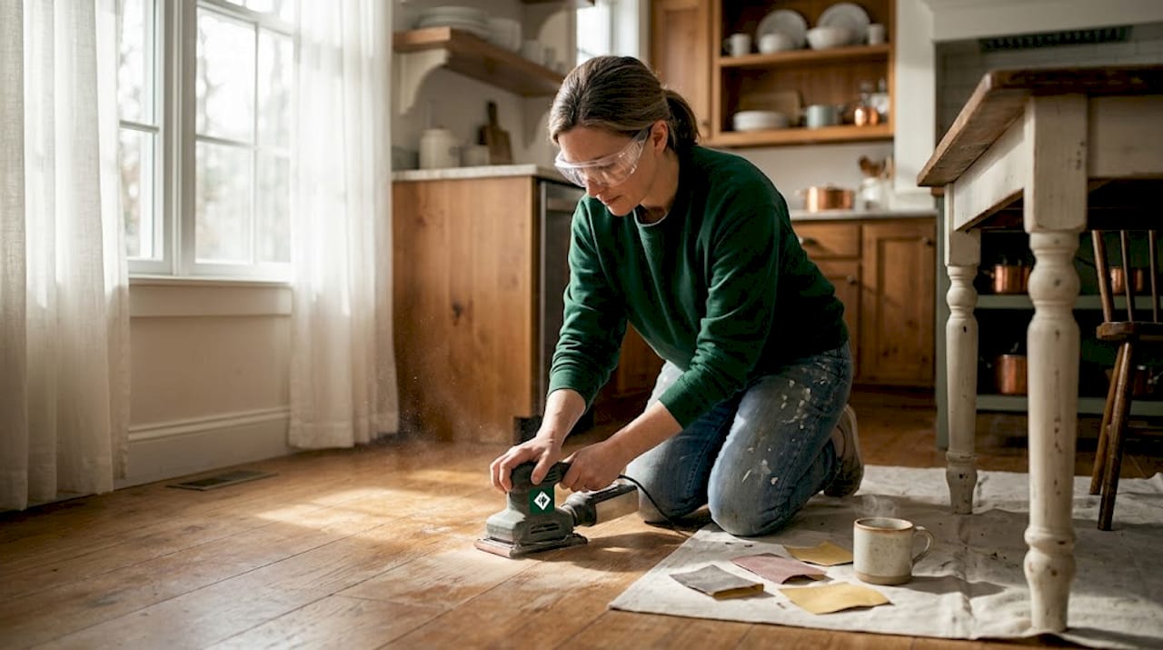 Homeowner refinishing hardwood floor in dining room