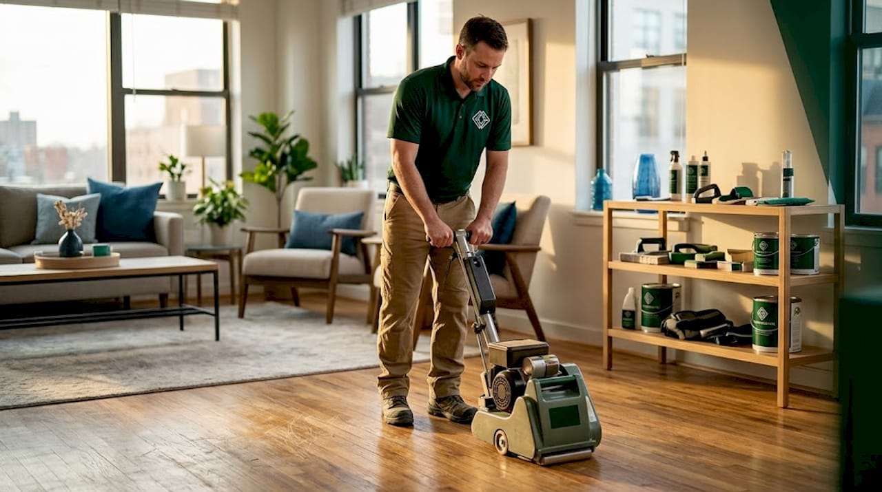 Technician refinishing hardwood floor in living room
