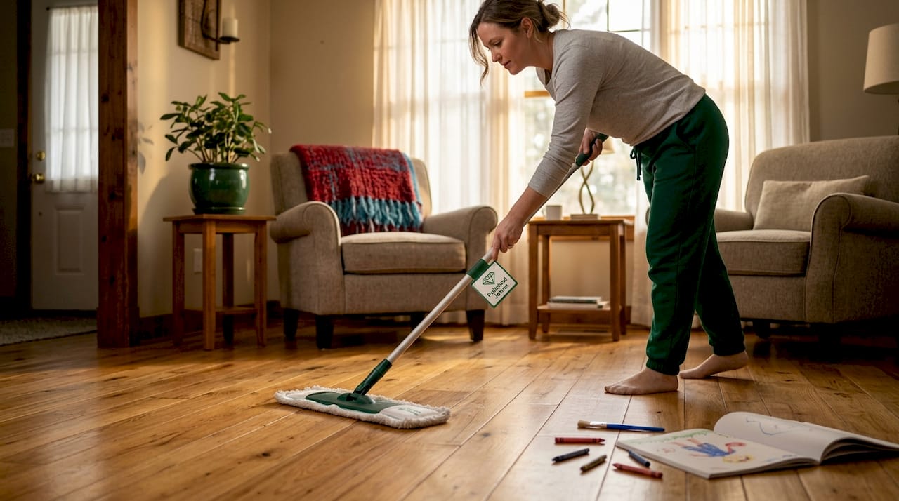 Woman sweeping sunlit hardwood living room floor