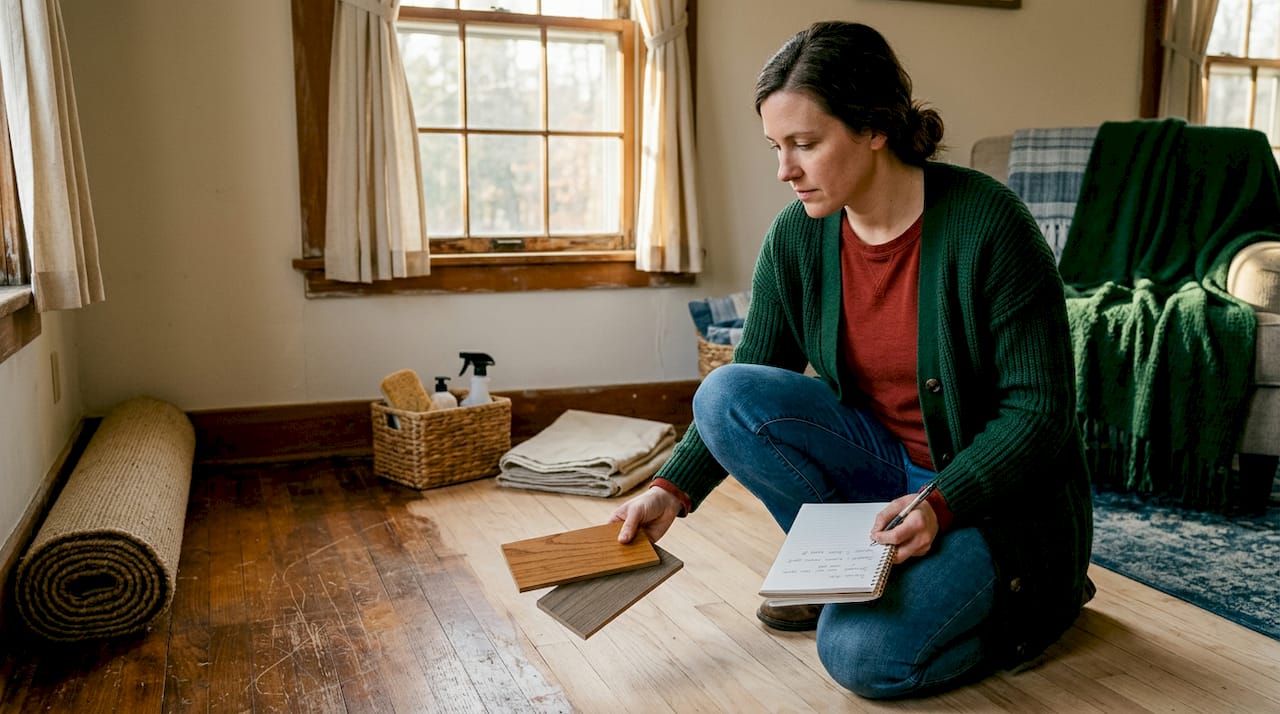 Homeowner comparing hardwood finish samples