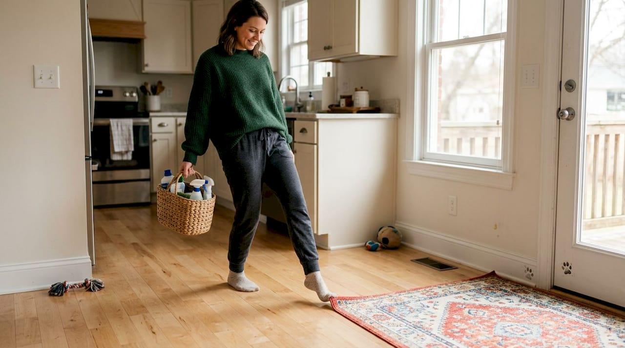 Homeowner cares for hardwood floors in sunlit room