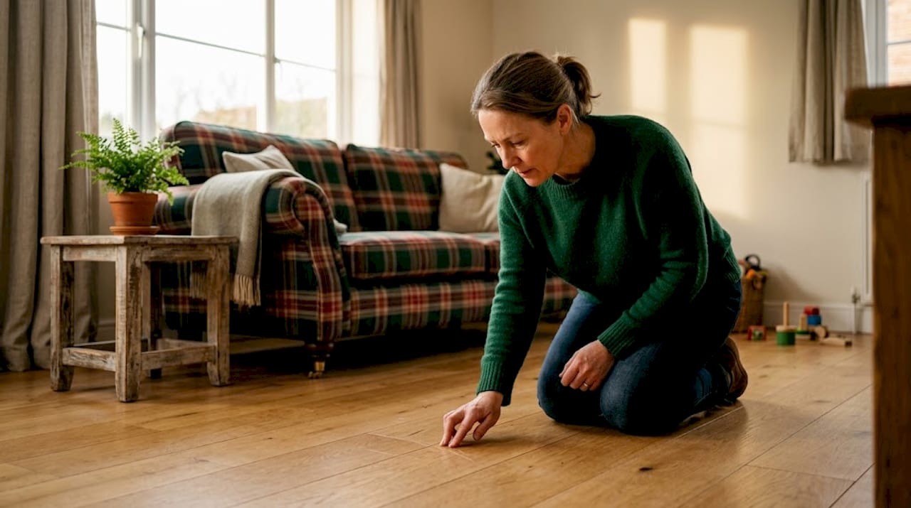 Homeowner inspecting scratched hardwood floor
