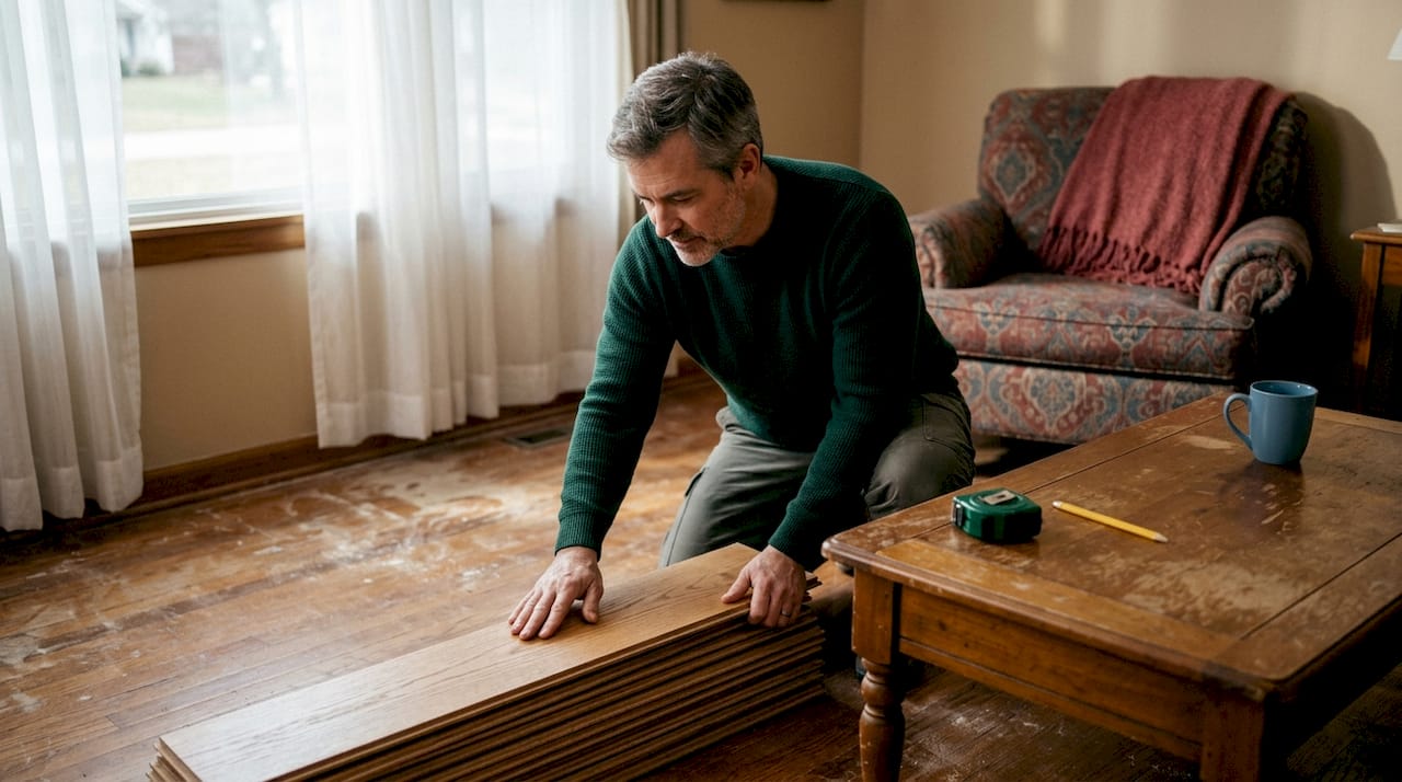 Homeowner inspecting flooring in living room