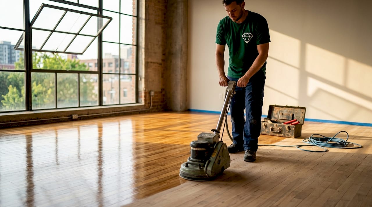 Floor refinisher sanding hardwood in sunlit living room