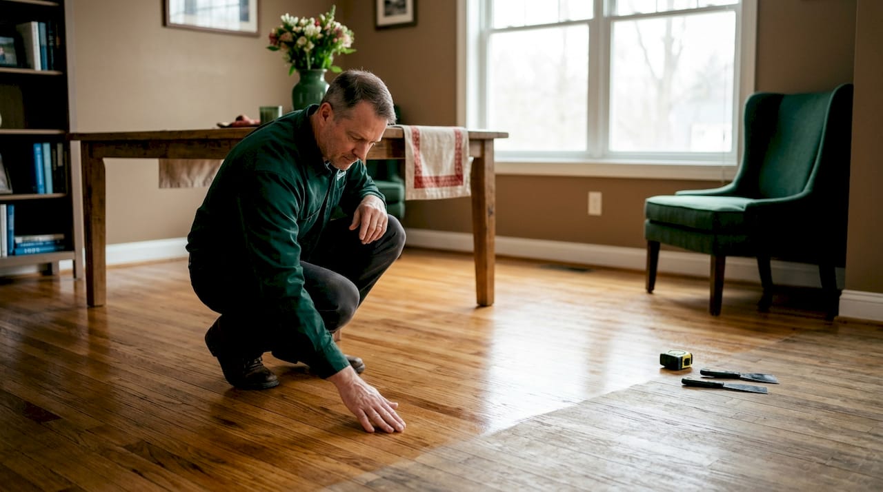 Homeowner inspecting refinished hardwood floor