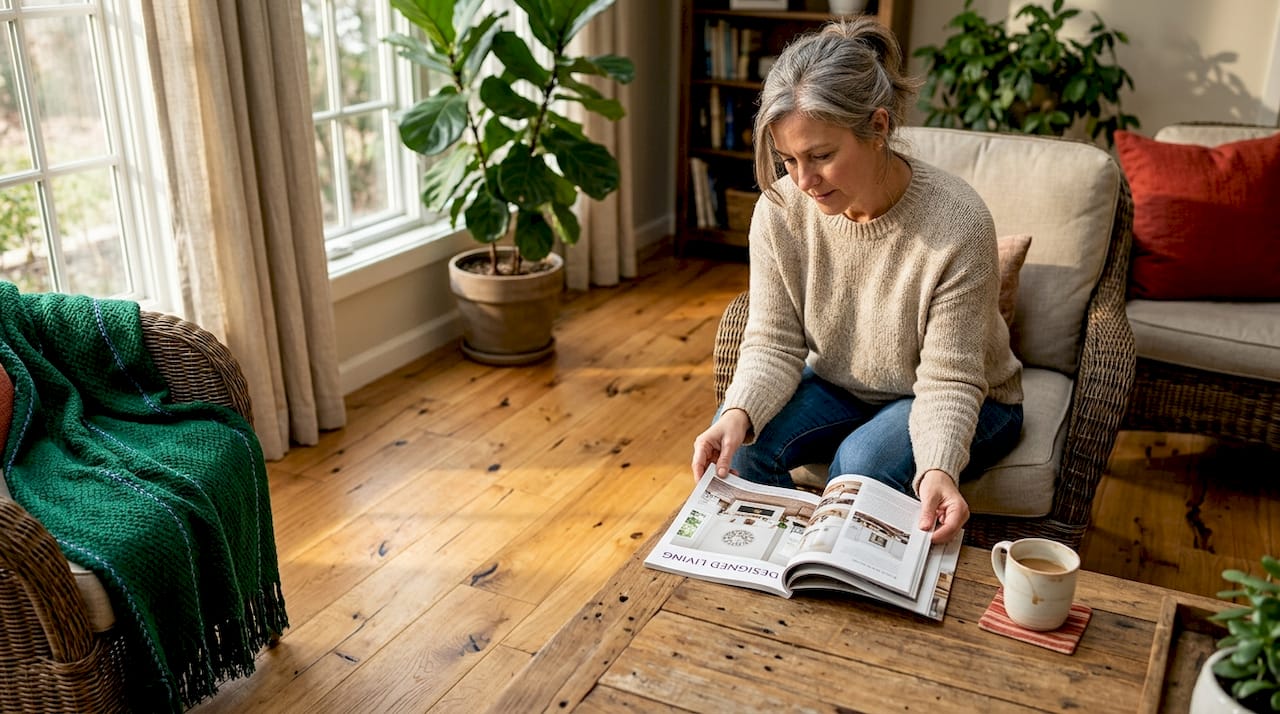 Homeowner reading design magazine on hardwood floor
