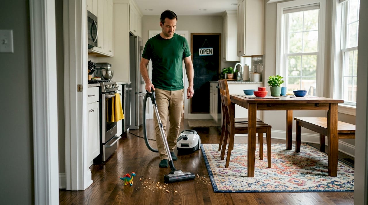 Man vacuuming sunlit hardwood living room floor