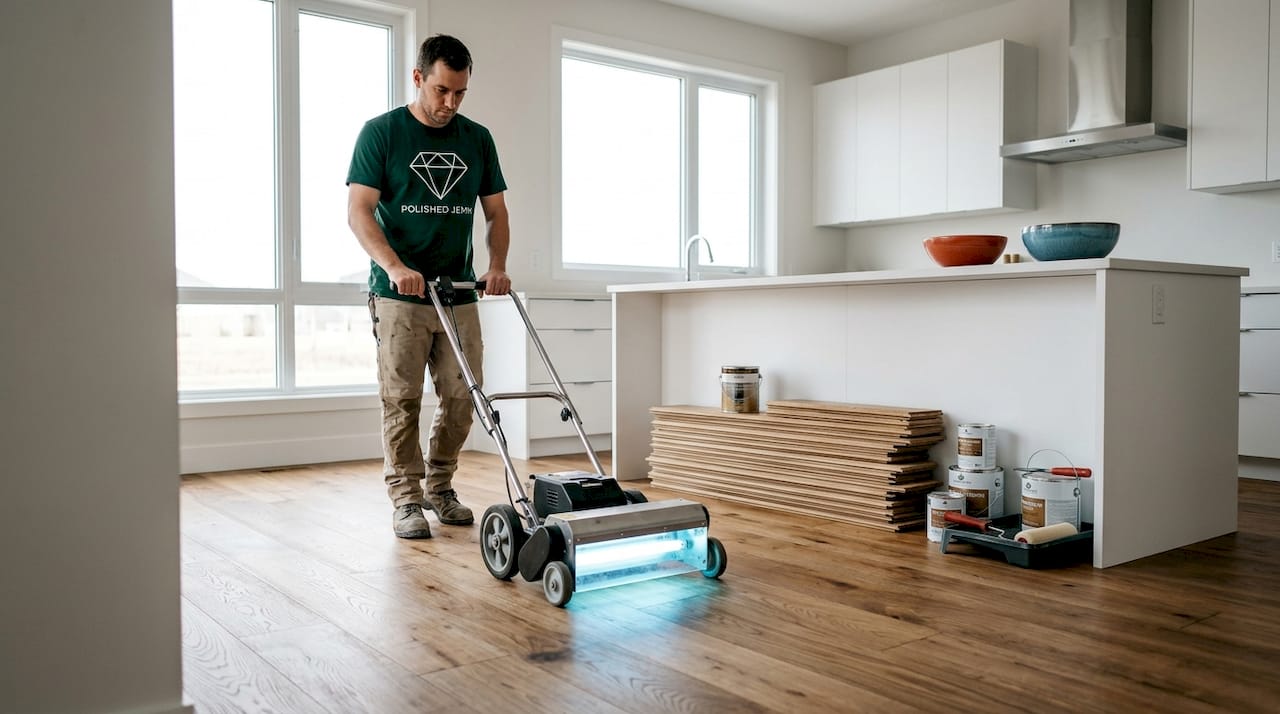Technician curing hardwood floor with UV light