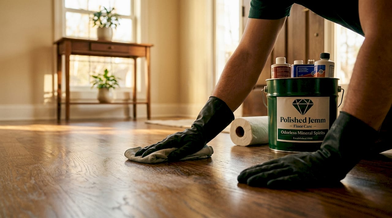 Hands removing wax on hardwood floor